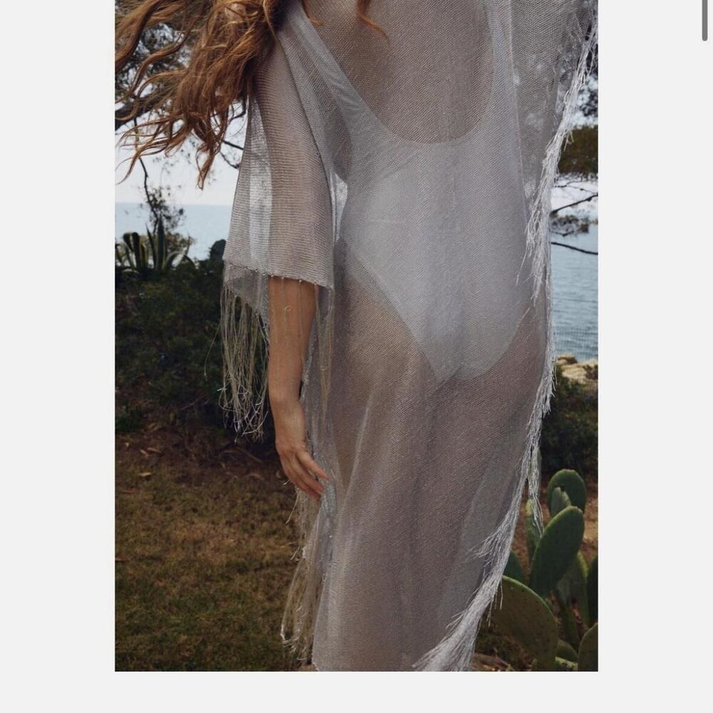 NWT ZARA FRINGED METALLIC THREAD KAFTAN DRESS SILVER